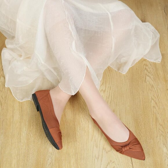 Women's Pointed Toe Knit Brown Flats Comfortable Lightweight Dressy Casual Shoes - Picture 5 of 9